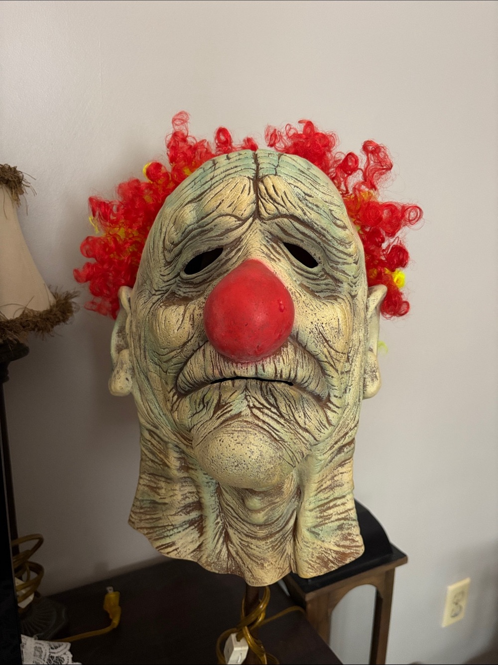 Creepy Clown Halloween Mask in Red with Curly Hair